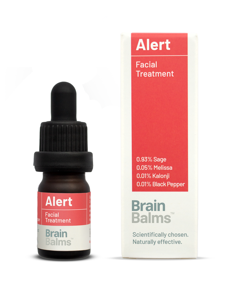 Alert Facial Treatment bottle carton. Face oil with science-based memory, focus, attention and cognition boosting topically-absorbed bioactives. Sage, rosemary