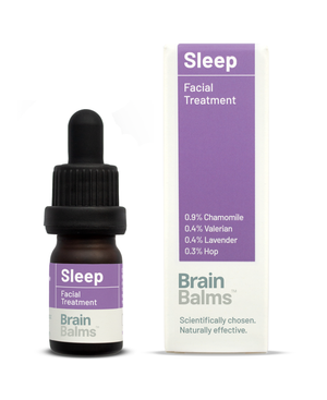 Sleep Facial Treatment bottle carton. Face oil with science-based sedative bioactives to improve sleep and insomnia. Valerian, hops, chamomile and lavender and evidence-based skin enhancing botanicals.